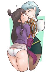 2girls ass black_hair capcom female female_only franziska_von_karma fumphole gyakuten_saiban karuma_mei long_hair maya_fey panties short_hair silver_hair straight_hair sweat underwear whip yuri