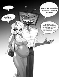 ass big_breasts big_butt bodily_fluids breasts charlie_morningstar charlie_morningstar_(hazbin_hotel) clothed clothing demon demon_humanoid duo electronics female for_a_head hair hazbin_hotel hellaverse hi_res humanoid male male/female nipple_outline nyochandesuyo object_head open_mouth open_smile partially_clothed pregnant pregnant_female screen screen_face screen_head smile standing sweat television thick_thighs tv_head vox_(hazbin_hotel) white_body