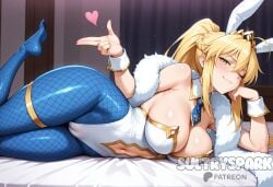 ahoge ai_generated animal_ears artoria_pendragon artoria_pendragon_(fate) artoria_pendragon_(swimsuit_ruler) bangs bare_shoulders blonde_hair blue_pantyhose blush braid breasts bunnysuit cleavage clothing_cutout detached_collar fate/grand_order fate_(series) female fishnet_pantyhose fishnets futarush green_eyes hair_between_eyes heart highleg highleg_leotard large_breasts leotard long_hair looking_at_viewer lying navel navel_cutout necktie on_side one_eye_closed pantyhose patreon patreon_username playboy_bunny ponytail rabbit_ears sidelocks smile solo sultryspark white_leotard wrist_cuffs