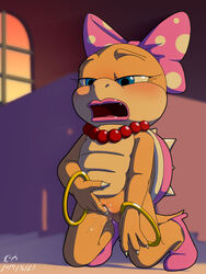 3:4 accessory anthro blue_eyes blush bodily_fluids clothing female footwear genital_fluids genitals hair_accessory hair_ribbon hairbow hi_res high_heels jewelry kitsoone koopaling mario_(series) masturbation nintendo pussy pussy_juice ribbons scalie shoes solo teeth video_games wendy_o._koopa