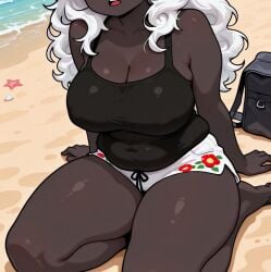 ai_generated beach cookiasncream grey-skinned_female grey_skin grey_skinned_female iron_black_skinned_female kaybur_(series) long_breasts shorts tight_clothing white_hair yehda_(character)