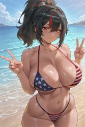 1girls 2025 ai_generated american_flag_bikini beach bikini black_hair blush breasts collarbone curvaceous_figure curvy double_v female female_only hair_between_eyes hi_res highres large_breasts long_hair looking_at_viewer mature_female multicolored_hair navel ocean orange_eyes orange_hair outdoors ponytail quaternionic sidelocks smile solo solo_focus stable_diffusion streaked_hair thick_thighs thighs two-tone_hair v water wide_hips zenless_zone_zero zhu_yuan