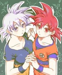 2girls big_breasts breast_press breasts dragon_ball dragon_ball_super duo female female_goku female_only fully_clothed holding_hands interlocked_fingers large_breasts looking_at_viewer mastered_ultra_instinct pale-skinned_female pale_skin red_eyes red_hair rule_63 saiyan son_goku super_saiyan super_saiyan_god ultra_instinct white_eyes white_hair