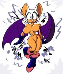 anthro bat bat_wings big_breasts big_ears black_nose blue_boots blue_clothing blue_footwear blue_gloves blue_handwear blush blush_stickers boots breasts clothing eyelashes female fishtrash footwear front_view fur gloves green_eyes handwear hi_res mammal membrane_(anatomy) membranous_wings naked_footwear navel nipples orange_body orange_fur purple_wings rouge_the_bat sega shoes simple_background small_waist solo sonic_(series) sonic_the_hedgehog_(series) white_background white_body white_fur wide_eyed wings