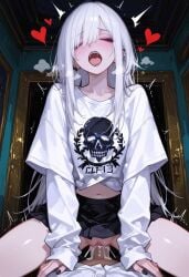 black_lipstick cowgirl_position cum cum_in_pussy cum_inside female_orgasm heart long_hair male_pov moaning orgasm pussy sex vaginal_penetration white_hair