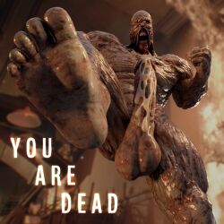 1boy burning_building cum erection male monster nemesis nemesis_(resident_evil) open_mouth resident_evil resident_evil_3 stomp