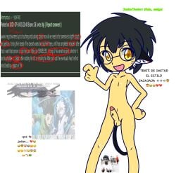 1nonbinary black_hair catboy danganronpa dave_and_bambi_mod femboy glasses hand_on_hip junior_(vs_kirby_dave) junko_(vs_kirby_dave) male meme_in_the_background neko non_binary open_mouth penis petite petite_male puyo_puyo_artstyle shaved_armpit shaved_balls shaved_chest shaved_penis skinny spanish_text testicles traced translation_request trap twink what