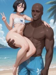 1boy 1girls ai_generated beach bikini bleach carrying curvy dark-skinned_male dark_skin female flat_chest kuchiki_rukia male peace_sign shorts shortstack size_difference taller_male thick_thighs