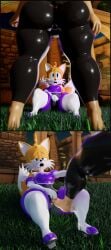 1male1female bodysuit bulge_grab female femboy femboysub femdom male neckline rouge_the_bat rouge_the_bat_(cosplay) sissy sonic_(series) spandex_suit tails_the_fox tailsltx
