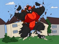 abs biceps breasts brown_hair cooner female hair horns houndoom long_hair muscles muscular muscular_arms muscular_female muscular_legs muscular_thighs pecs pokemon