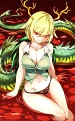 antlers black_panties blonde_hair breasts collarbone dragon_girl dragon_horns dragon_tail female fur-tipped_tail green_scales green_tail horns kicchou_yachie large_breasts looking_at_viewer monster_girl naughty_face navel panties pointy_ears raptor7 red_background red_eyes short_hair smile solo stomach tail thighs thong touhou turtle_shell underwear yellow_horns