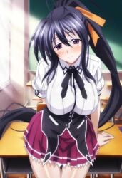 1girls akeno_himejima classroom high_school_dxd school_uniform sitting smile solo