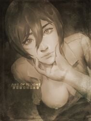 attack_on_titan big_breasts black_hair kneeling looking_back mikasa_ackerman neight nipples on_knees one_breast_out patreon sepia short_hair topless