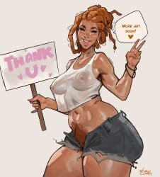 amber_hair bracelets breasts bushy_pubes daisy_dukes dark-skinned_female dark_skin dreadlocks dreads hairy_pussy holding_sign light-skinned_female locs magicmoonsarts neck_tattoo posing_for_the_viewer pubic_hair pubic_hair_peek short_shorts smiling_at_viewer thick_thighs tied_hair unzipped_pants wet_clothes