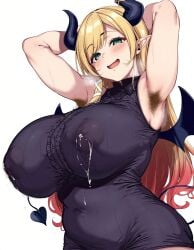 1girls ai_generated armpit_hair big_breasts blonde_hair breasts deepjungle female female_focus green_eyes hairy_armpits hololive hololive_japan horns huge_breasts lactation lactation_through_clothes large_breasts looking_at_viewer looking_pleasured mature_female milf plump smiling succubus virtual_youtuber yuzuki_choco