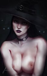 1girls alternate_costume aphra_cadabra_aphrodite aphrodite_(smite) black_hair flerow goddess halloween halloween_costume hi-rez_studiwos nude pale-skinned_female pale_skin smite solo witch_hat