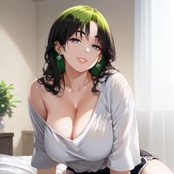 1girls ai_generated baggy_clothing billie_eilish blue_eyes celebrity cleavage earrings female female_only human large_breasts long_hair looking_at_viewer multicolored_hair real_person shorts smile solo stable_diffusion