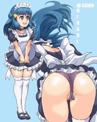 alternate_costume ass ass_focus back_view big_ass blue_hair bubble_butt dawn_(pokemon) female female_focus female_only hair_ornament long_hair maid maid_outfit pale-skinned_female pale_skin panties pantyshot pokemon pokemon_(anime) pokemon_dppt schlumper stockings thick_thighs