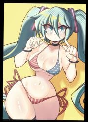 american_flag american_flag_bikini bikini blue_eyes blue_hair bracelets breasts choker cleavage female female_focus female_only freedom_miku hatsune_miku long_hair long_nails lucyfercomic solo swimsuit thick_thighs thighs tied_hair vocaloid wide_hips