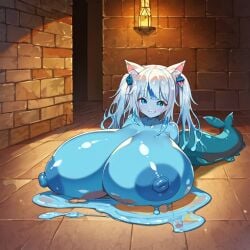 1girls 2024 ai_generated blaste blue_nipples blue_skin cat_ears dungeon gawr_gura gigantic_breasts happy hololive hololive_english hololive_myth huge_areolae huge_nipples hyper_breasts long_nipples looking_at_viewer lying shark_hair_ornament shark_tail shark_teeth slime slime_girl slime_gura smile solo tiny_waist virtual_youtuber