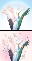 4girls after_sex ambrosia_(game) arms_up before_and_after bukkake celesphonia cum cum_on_hands furode_(ambrosia) gloves green_gloves hand_focus heart instant_loss mahou_shoujo_celesphonia multiple_girls out_of_frame tamamonekor v white_gloves