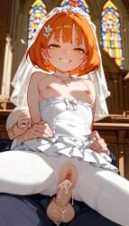 ai_generated elderly_male hair happy husband husband_and_wife orange_hair pussy small_breasts smaller_female stockings wedding wedding_dress white_dress white_stockings yellow_eyes