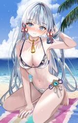 1girls 2024 2d 2d_(artwork) alternate_costume alternate_hairstyle beach belly belly_button bikini bikini_bottom bikini_top blue_eyes blue_hair blush bra clouds day female female_focus female_only front_view genshin_impact high_resolution highres kamisato_ayaka light-skinned_female light_skin long_hair medium_breasts mitsu336 navel ocean on_knees outdoors palm_tree sand sky slim_girl smiling_at_viewer solo solo_female solo_focus summer swimsuit thong thong_bikini two_piece_swimsuit vision_(genshin_impact) water young younger_female