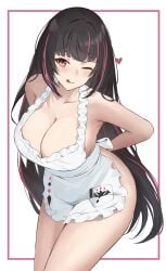 1girls apron apron_only black_hair blush breasts cleavage elvandec female female_only heart huge_breasts lethe_bonapuchi licking_lips light-skinned_female light_skin one_eye_closed pink_eye pink_hair production_kawaii solo two_tone_hair virtual_youtuber wink