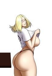 1girls ai_generated blonde_hair bunanza_ closed_eyes milf original_character shirt_lift short_hair side_view smile t-shirt tagme thong top_heavy underboob