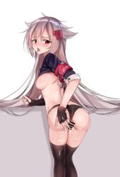 after_sex alternate_hairstyle anus armband ass asymmetrical_gloves azur_lane back bar_censor black_gloves black_legwear black_panties black_shirt blush breasts breasts_out breath censored commentary cowboy_shot cum cum_in_pussy cum_on_ass cum_on_body cum_on_clothes cum_on_lower_body cumdrip drooling eyebrows_visible_through_hair female fingerless_gloves from_behind gloves hair_between_eyes hair_flaps hair_ornament heavy_breathing highres long_hair looking_at_viewer looking_back medium_breasts montpelier_(azur_lane) nipples open_mouth panties panties_aside pussy saliva shirt shirt_lift shokuyou_koori short_sleeves silver_hair simple_background solo spread_pussy sweat thigh_gap thighhighs thighs tongue tongue_out underwear white_background