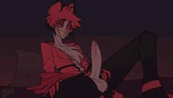 alastor_(hazbin_hotel) black_pants blouse cock deer deer_ears deer_tail hazbin_hotel penis penis_out radio_demon red red_blouse red_eyes red_hair smile smirk solo_male tagme