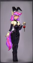 anthro ball_gag blush breasts bunny_costume cleavage clothed clothing costume equid equine female gag hi_res horn latex latex_suit mammal mythological_creature mythological_equine mythology necktie shamziwhite shy solo standing unicorn