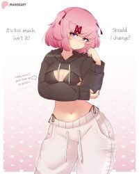 belly_button blush bob_cut bra doki_doki_literature_club embarrassed embarrassed_female long_sleeves looking_at_viewer natsuki_(doki_doki_literature_club) nervous nervous_face petite petite_female pink_hair playing_with_hair raionart short_hair slim_waist small_breasts sweater teenager wide_hips