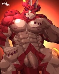 4:5 4_fingers abs anthro balls claws cthugha_(tokyo_afterschool_summoners) dragon fingers flaccid genitals hi_res humanoid_genitalia humanoid_penis male male_only muscular muscular_male nipples nude pecs penis reclamon red_body scalie solo tokyo_afterschool_summoners video_games yellow_sclera