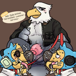 animal_crossing anthro apollo_(animal_crossing) avian balls black_clothing black_topwear blue_body blue_feathers blush bodily_fluids brown_background clothing cum cum_drip cum_drool cum_on_face cum_on_leg dialogue dripping english_text eyewear feathers genital_fluids genitals group headgear headphones headset humanoid_genitalia humanoid_penis male male_only nintendo orville_(animal_crossing) penis simple_background speech_bubble sunglasses sweat sweatdrop taki_takoyakis text tongue tongue_out topwear video_games white_body white_feathers wilbur_(animal_crossing)