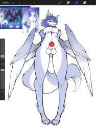 anthro blue_hair canid canine canis femboy hair hi_res looking_at_viewer looking_down male mammal markings milkprayer paws solo wings wolf