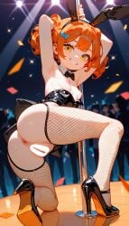 ai_generated anus armpits ass ass bunny_ears bunnysuit hair happy heels orange_hair pilon pussy small_breasts smaller_female striptease tights yellow_eyes