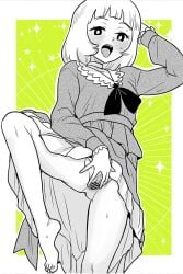 barefoot blunt_bangs blush censored clothes_lift doraemon dress dress_lift feet female greyscale heriyama long_sleeves looking_at_viewer monochrome no_panties open_mouth pointy_chin short_hair solo sparkle sparkle_background sweat