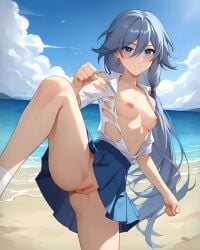 ai_generated beach breasts fu_hua honkai_impact_3rd leg_lift ocean pussy ripped_clothing