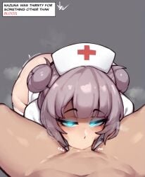 1boy :>= ass bangs blue_eyes blunt_bangs blush braid call_of_the_night clothed_female_nude_male deepthroat double_bun fellatio female glowing glowing_eyes grey_background grey_hair hair_bun hat long_hair looking_at_viewer nanakusa_nazuna nude nurse nurse_cap oral penis pov simple_background solo_focus straight thighhighs