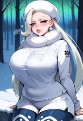 ai_generated balecxi curvy earrings fur_scarf headwear heart-shaped_pupils huge_ass huge_breasts large_breasts leggings long_hair looking_at_viewer melony_(pokemon) pokemon pokemon_ss scarf sitting streaked_hair thick thick_lips thick_thighs white_hair