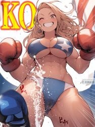 1boy 1girls abs ai_generated american_flag american_flag_bikini belly_button big_breasts blonde_hair blue_boxing_gloves blush boxers boxing boxing_gloves boxing_match breasts brown_eyes catfightronald_(artist) cum curvy_female defeated dominant_female earrings ejaculating_cum ejaculation erect_nipples erect_nipples_under_clothes female female/male female_domination female_focus femdom gloves hips huge_breasts k.o. knocked_out large_breasts light-skinned_female light_skin long_hair looking_down male male_pov mixed_boxing muscular_female nipples nipples_visible_through_clothing original original_character pov red_boxing_gloves smiling sweat thick thick_hips thick_thighs thighs wide_hips wink winking_at_viewer