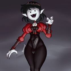 absurd_res adventure_time bow_tie cartoon_network claws clothing demon fangs genitals gynomorph hexecat hi_res humanoid intersex jewelry jumpsuit legwear marceline_abadeer necklace penis pointy_ears smile solo spandex teeth tight_clothing tights vampire wide_hips