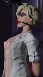 1girls 3d ball_gag blonde_hair bondage bondage boobs_out bound breasts breasts breasts_out doctor domination female female femdom femsub gag gagged glasses kidnapped labcoat looking_at_another mercy overwatch restrained rindekey video_games