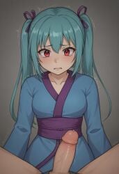 1boy 1girls ai_generated blue_hair blue_kimono female hatsune_miku hetero looking_down_at_penis male/female masa_works_design mjdennsfw oni_to_kitsune_no_hanashi penis pov purple_ribbons purple_sash red_eyes self_upload shuri_oborodzuka trembling