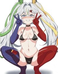 asymmetrical_gloves asymmetrical_legwear blue_gloves blue_legwear blue_thighhighs double_peace_sign duel_masters grin medium_breasts micro_bikini open_legs red_gloves red_legwear red_thighhighs romanesk,_the_dragon_wizard slutty_outfit smile squatting sukune_maron v