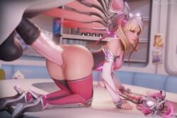 3d all_fours blender blonde_hair blue_eyes blush clothed_sex clothing detached_sleeves high_heels horse horse_penis horsecock long_hair looking_at_viewer mercy nail_polish nocure nocure21o overwatch pink_mercy small_breasts staff stockings testicles vaginal_penetration zoophilia