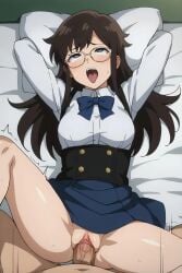 1boy 1girls ahe_gao ai_generated anime_nose bed bedroom blue_eyes blue_skirt bottomless_female brown_hair erection female female_focus glasses human kaiju_no.8 konomi_okonogi long_hair lying_on_back lying_on_bed male male_pov open_eyes open_mouth partial_male penis penis_in_vagina shaved_crotch straight tongue tongue_out uncensored vagina vaginal_penetration vaginal_sex veiny_penis white_blouse