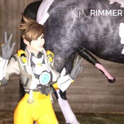 bodysuit brown_hair chronal_accelerator equine_penis female fully_clothed horse horse_penis horsecock mottled_penis overexposure overwatch peace_sign rimmernsfw smiling tail tracer zoophilia