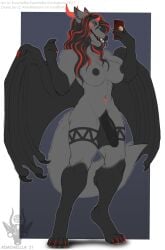 2021 abs anthro areola balls bedroom_eyes big_breasts big_penis black_hair breasts canid canine chest_tuft claws colored_nails crotch_tuft demon electronics enrgydrinkeater fur genitals grey_body grey_fur gynomorph hair half-erect hi_res holding_object holding_phone horn humanoid_genitalia humanoid_penis intersex jackie_(jake_aries) long_hair looking_at_viewer mammal markings membrane_(anatomy) membranous_wings muscular muscular_intersex nails narrowed_eyes navel nipples orange_eyes penis phone raised_hand red_hair red_horn red_nails red_toe_claws seductive selfie smile solo tail teeth toe_claws tuft wings